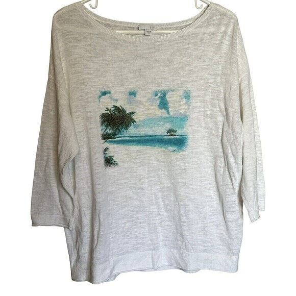 J. Jill Top Women's Size Medium White Linen Blend Beach Scene 3/4 Sleeve - Picture 1 of 9